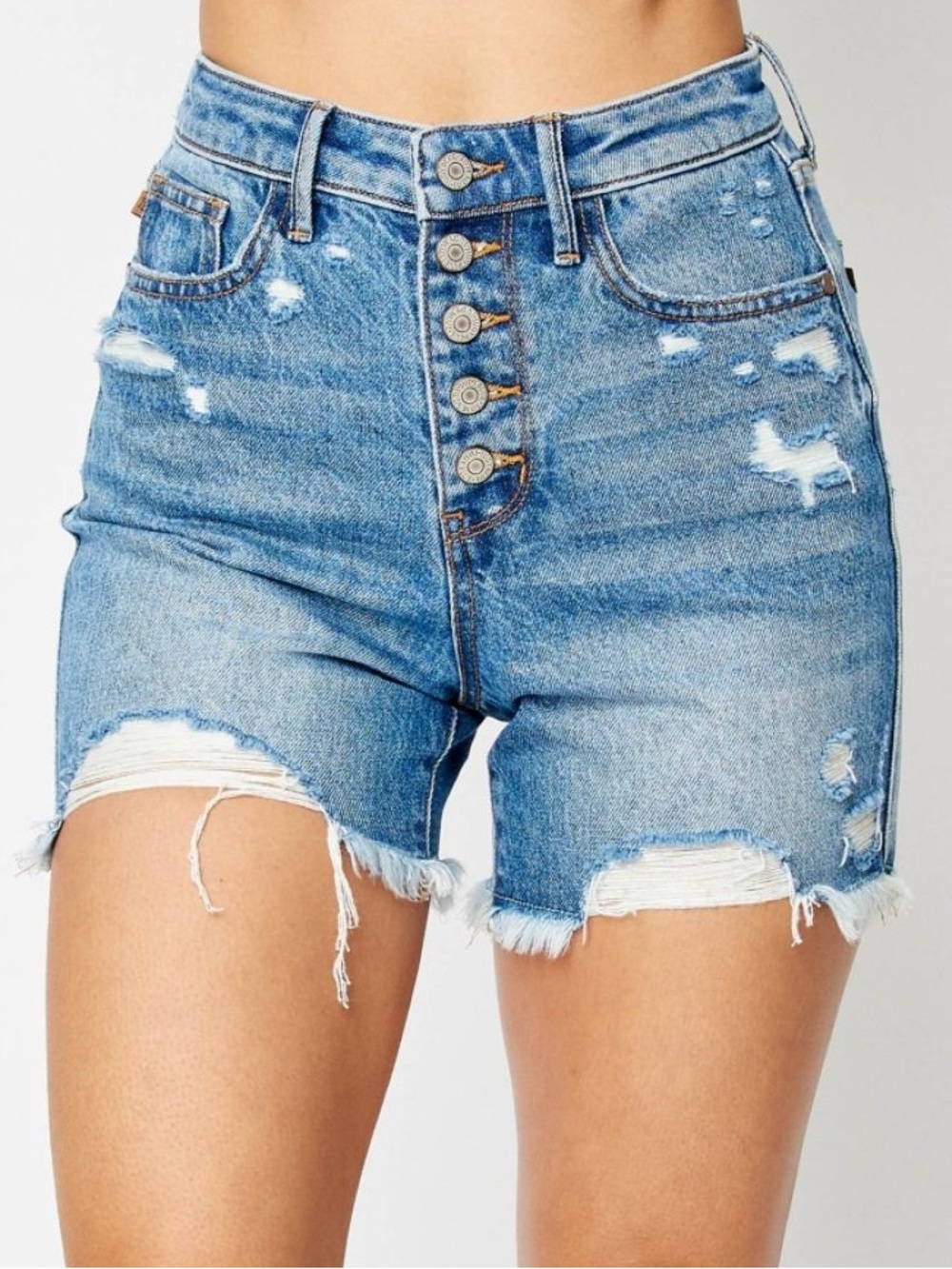 Judy Blue HW Rigid Magic Destroy & Btn Fly Cut Off Shorts